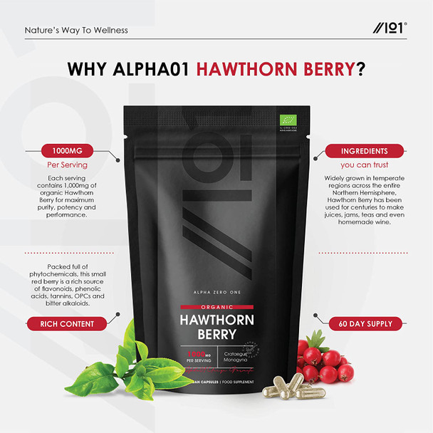 Organic Hawthorn Berry 1000mg - Pure & Potent Powder - Certified Organic, Non GMO, Gluten Free, Halal - 120 Vegan Capsules