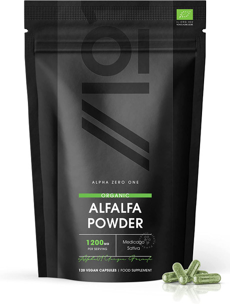 Organic Alfalfa 1200mg - Pure & Potent Powder - Certified Organic, Non GMO, Gluten Free, Halal - 120 Vegan Capsules