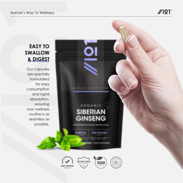 ALPHA01 Organic Siberian Ginseng 10,000mg  High Strength Eleutherococcus Senticosus 15:1 Extract No Additives  Non-GMO Gluten  Halal ֿ120 Vegan Capsules