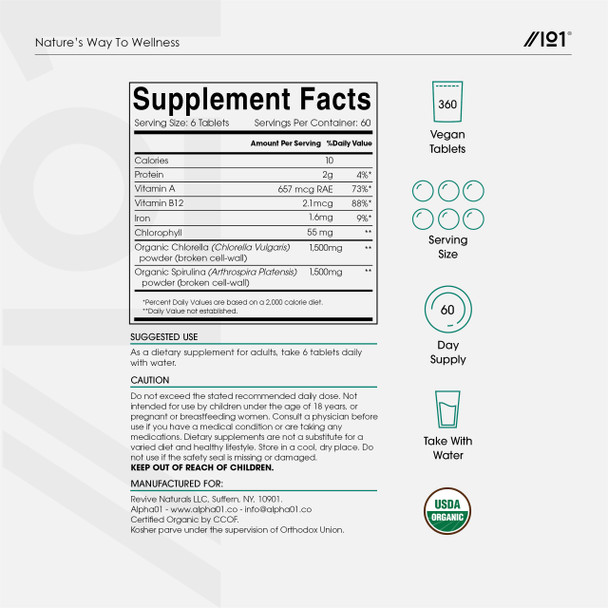 ALPHA01 Organic Spirulina Chlorella Tablets 3000mg – 360 Counts – 50/50 Blend Superfood – No Filler, No Additives Cracked Cell Wall – Rich in Vegan Protein & Chlorophyll