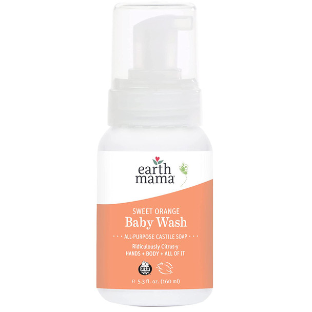 Sweet Orange Baby Wash by Earth Mama | Pure Castile Foaming Soap for Sensitive Skin, Made With Organic Shea Butter and Calendula, 5.3-Fluid Ounce