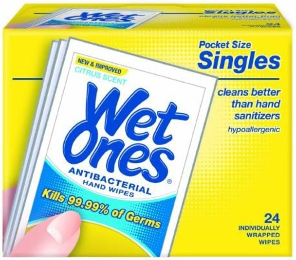 Wet Ones Wipes, Hands & Face, Antibacterial, Citrus Scent, Singles, 24 ct.