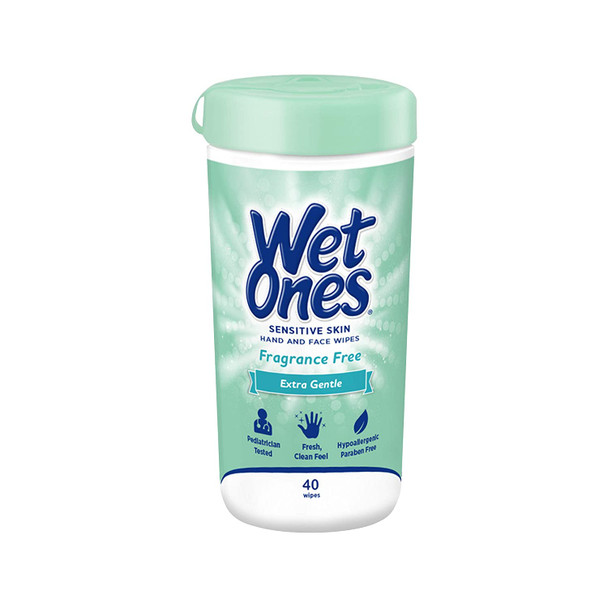 Wet Ones Sensitive Hand and Face Wipes, Sensitive Skin, 40 Count Canister, Pack of 6