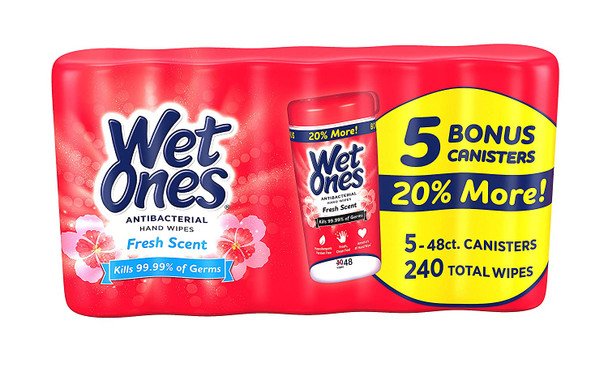 Wet Ones Fresh Scent Anti-Bacterial Wipes, 5-Canister 48 Wipes