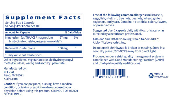 Klaire Labs Reduced L-Glutathione 150 Milligrams - Hypoallergenic Detoxification & Antioxidant Support Plus Magnesium, Dairy & Gluten- (100 Capsules)