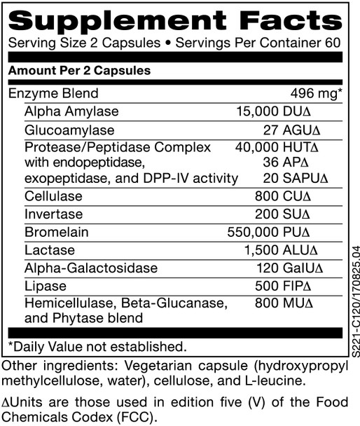 Klaire Labs Vital-Zymes Forte - Bromelain, Microbial & Plant Digestive Enzyme Blend to Support Digestion & Help Breakdown of Proteins, Fats, Carbs, Sugars, Fibers, Gluten & Casein (120 Capsules)