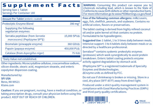 Klaire Labs Serralase - Vegetarian Proteolytic Enzyme Blend with Serratia Peptidase & Bromelain for Digestion, Sourced from Papaya & Pineapple, Hypoallergenic (180 Enteric Coated Tablets)