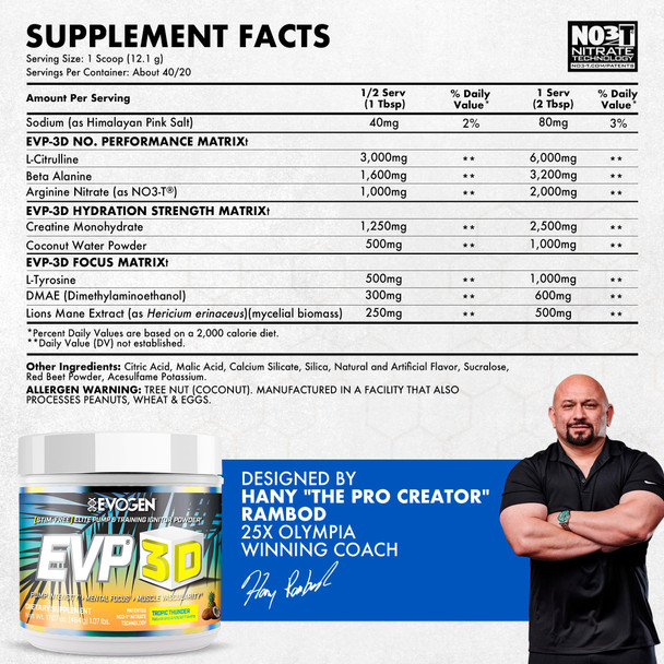 Evogen EVP-3D | Extreme Pre-Workout Pump Ignitor, Arginine Nitrate, Citrulline, Beta-Alanine, Lions Mane | Tropic Thunder (Pineapple Coconut) | 40 Servings