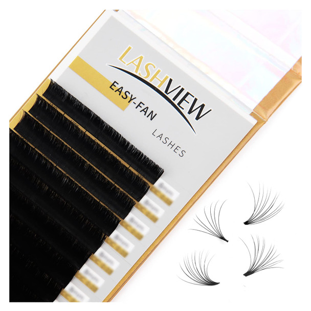 LASHVIEW Easy Fan Volume Lashes,Volume Lash Extensions,Easy Fan Lashes,Silk Individual Semi-permanent Handmade Soft Auto-Fan Eyelashes For Professional Salon Use (0.07-C, 8-15mm Mixed)