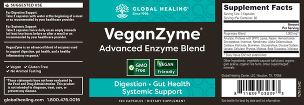 Global Healing Veganzyme - Essential Systemic & Digestive Enzymes Supplement for Pure Healthy Digestion, Immune System Booster, and Natural Gut Health - Occasional Gas & Bloating Relief - 120 Capsules