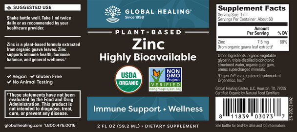 Global Healing Usda Organic Zinc Liquid Supplement - Pure Vitamin Drops For Immune System Boost, Hormone Balance, And Healthy Aging - Vegan-Friendly, Non-Gmo - 2 Fl Oz