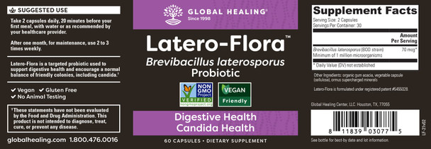 Global Healing Latero-Flora, Probiotic Supplement for Gut Health, Digestion and Candida Cleanse Support - Detox Colon, Strengthen Gut Flora & Immune System - Men & Women - Non-GMO, Vegan, 60 Capsules