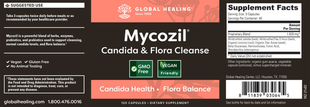 Global Healing Mycozil - Vegan Supplement Supports Detoxification for Natural Candida Cleanse, Encourages Gut and Vaginal Health and Rids of Harmful Organisms & Overgrowth, Women & Men - 120 Capsules