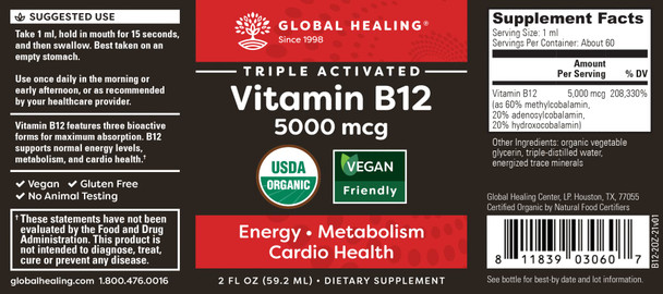 Global Healing Triple Activated B12 5000 Mcg Organic Sublingual Liquid Vitamin Supplement | Methylcobalamin & Adenosylcobalamin & Hydroxo Blend For Long-Lasting Energy And Healthy Metabolism - 2 Fl Oz