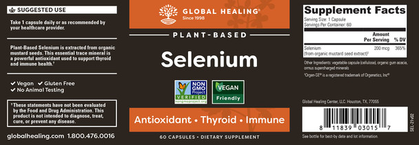 Global Healing Selenium 200mcg 2-Pack, Pure Selenium Supplement with Organic Ingredients, Antioxidants for Thyroid Support and Immune Health for Men & Women - More Than Selenium 100 mcg (60 Capsules)