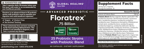 Global Healing Floratrex Probiotic Blend Supplement with Prebiotics for Healthy Digestion, Support Digestive Tract, and Normal Immune System - Men & Women - 75 Billion CFU, 25 Strains, 60 Capsules