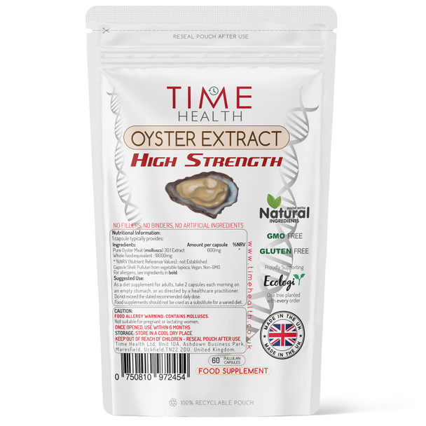 Oyster Meat Extract – Pure & Highly Concentrated – 18,000mg Whole Food Equivalent per Capsule – Zero Additives – Made in The UK to GMP Standards (60 Capsule Pouch)