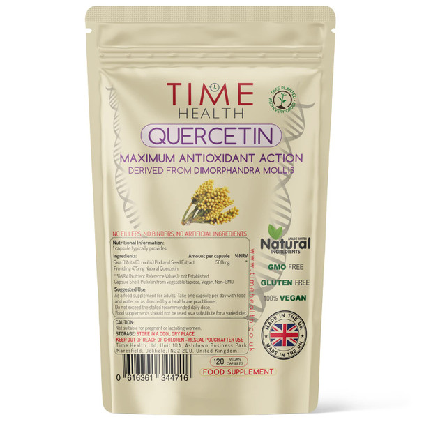 Quercetin Capsules - Naturally Derived - Maximum Antioxidant Action - UK Made - Free from Synthetic Additives - Vegan - Pullulan (120 Capsule Pouch)