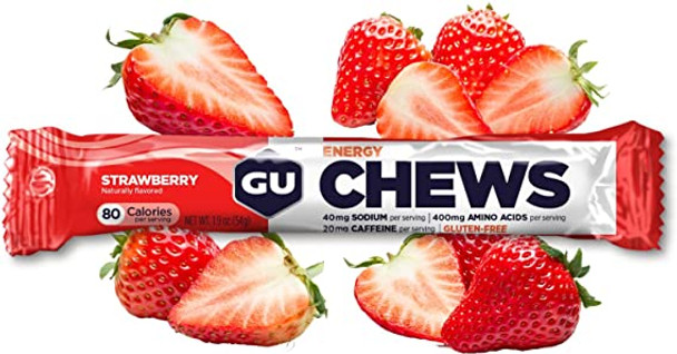 GU Energy Chews, Strawberry Energy Gummies with Electrolytes, 18 Packs (144 Chews Total)