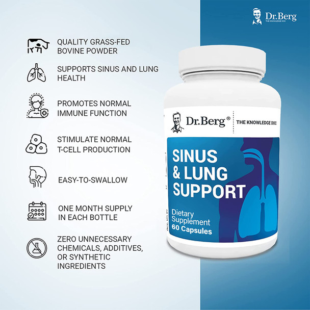 Dr. Berg's Sinus & Lung Support Supplement - Healthy Respiratory System, Sinus Relief and Lung Cleanse Formula with Lymphatic and Thymus Powders - Normal Sinus and Lung Function - 60 Capsules