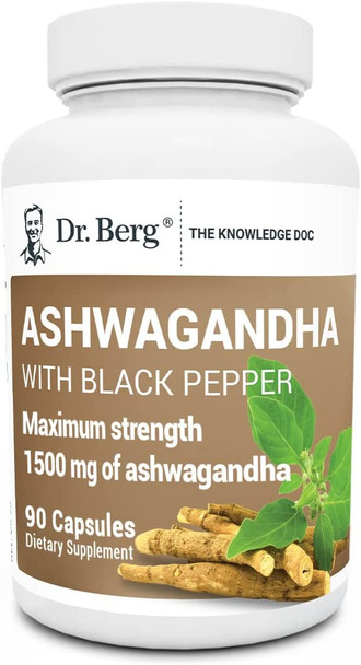 Dr. Berg's Ashwagandha with Black Pepper Supplement - Ashwagandha Capsules for Mood & Stress Support, Energy, Joint, Thyroid & Immune System - 1500mg Organic Ashwagandha Supplements - 90 Capsules