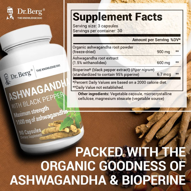 Dr. Berg's Ashwagandha with Black Pepper Supplement - Ashwagandha Capsules for Mood & Stress Support, Energy, Joint, Thyroid & Immune System - 1500mg Organic Ashwagandha Supplements - 90 Capsules