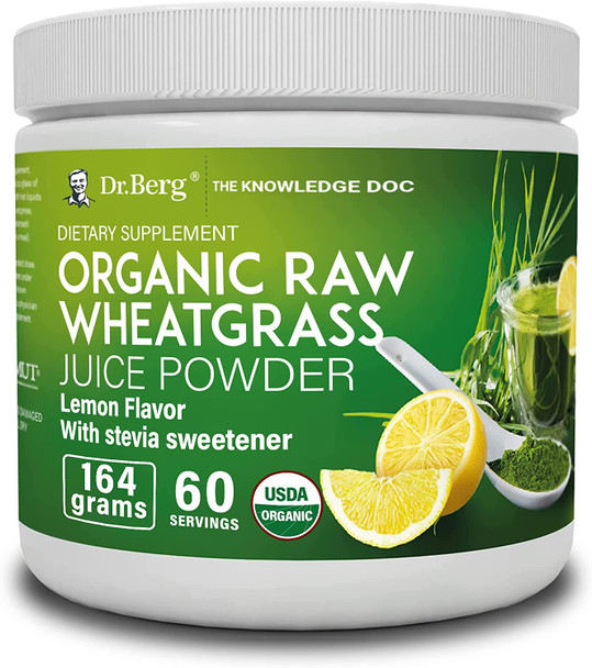 Dr. Berg's Raw Wheatgrass Juice Powder (60 Servings) - USDA Certified Organic Wheatgrass Powder w/ Chlorophyll, Trace Minerals & Natural Enzymes - Ultra-Concentrated - Lemon Flavor w/ Stevia 1 Pack