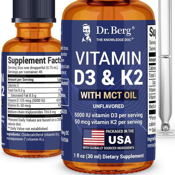 Dr. Berg's Liquid Vitamin D3 with K2 Zinc & MCT Oil Vitamin D3 K2 Drops for Kids and Adults - 1 Fl Oz
