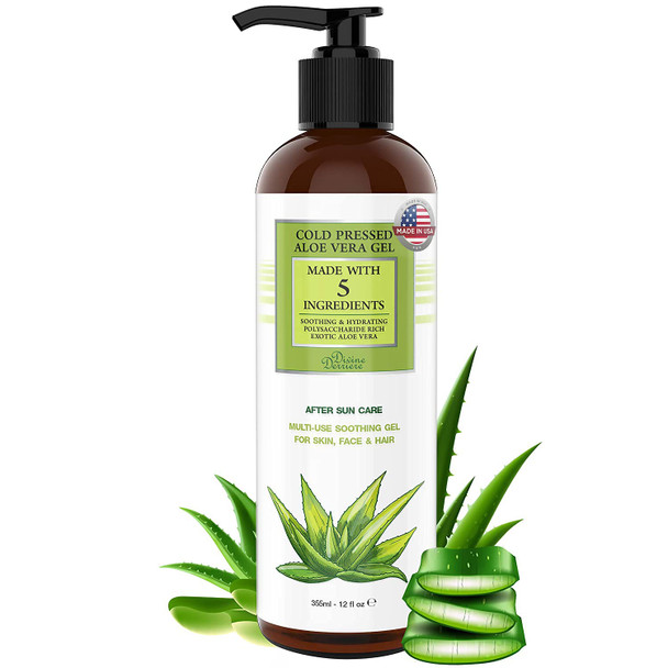 Aloe Vera Gel Made With Cold Pressed Organic Aloe - After Sun Care Sunburn Relief for Face, Body and Hair (12oz)