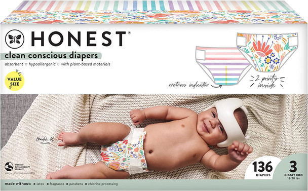 The Honest Company Clean Conscious Diapers, Rainbow Stripes + Flower Power, Size 3, 136 Count Super Club Box