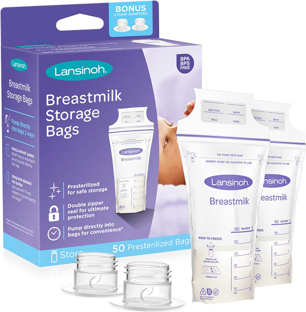 Lansinoh Breastmilk Storage Bags with Pump Adapters for Bags, 50 Count Milk Storage Bags