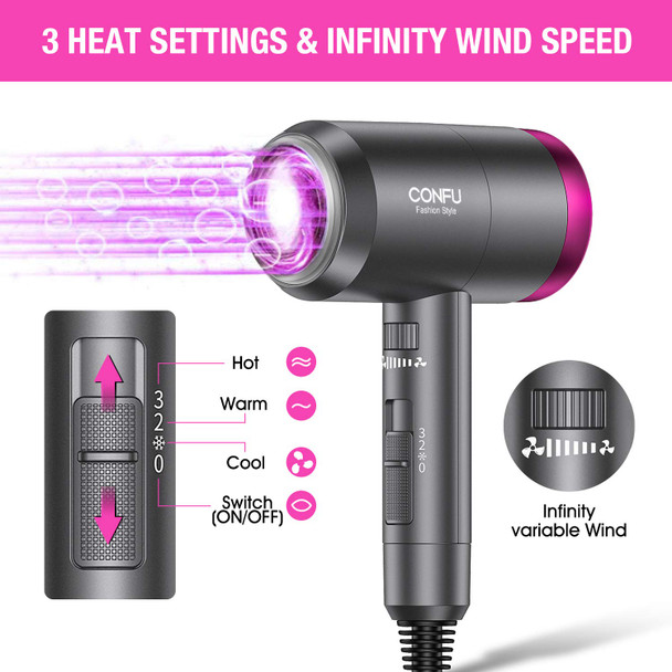 Ionic Hair Dryer, CONFU 1800W Portable Lightweight Blow Dryer, Fast Drying Negative Ion Hairdryer Blowdryer, 3 Heat Settings & Infinity Speed, with Diffuser and Concentrator Nozzle for Home & Travel