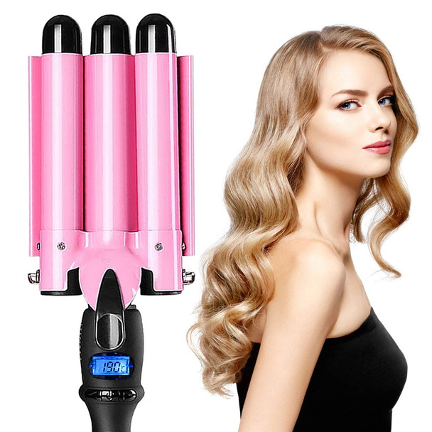 3 Barrel Curling Iron Wand Hair Crimper with Dual Voltage, 1 Inch Hair Waver Iron with LCD Temp Display, Ceramic Tourmaline Crimper Hair Iron, Hair Curler Temperature Adjustable (Pink)