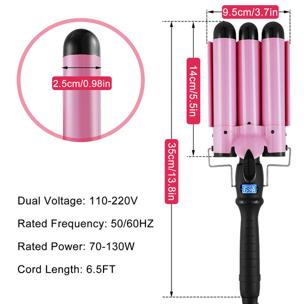 3 Barrel Curling Iron Wand Hair Crimper with Dual Voltage, 1 Inch Hair Waver Iron with LCD Temp Display, Ceramic Tourmaline Crimper Hair Iron, Hair Curler Temperature Adjustable (Pink)