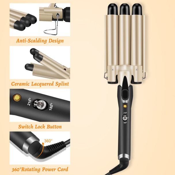 LAYADO 3 Barrel Curling Iron Hair Wave Curler 22mm (0.86 Inch) Temperature Adjustable Three Barrel Hair Iron Hair Waver Iron Ceramic Tourmaline Triple Barrels Crimper Hair Iron with Dual Voltage Gold