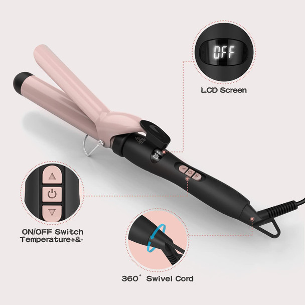 Curling Iron Wand with Tourmaline Ceramic Coating 140 - 430, 1.25 Inch Curling Iron for All Types of Hair, Dual Voltage Crimp, Include Heat Resistant Glove, Rose Gold