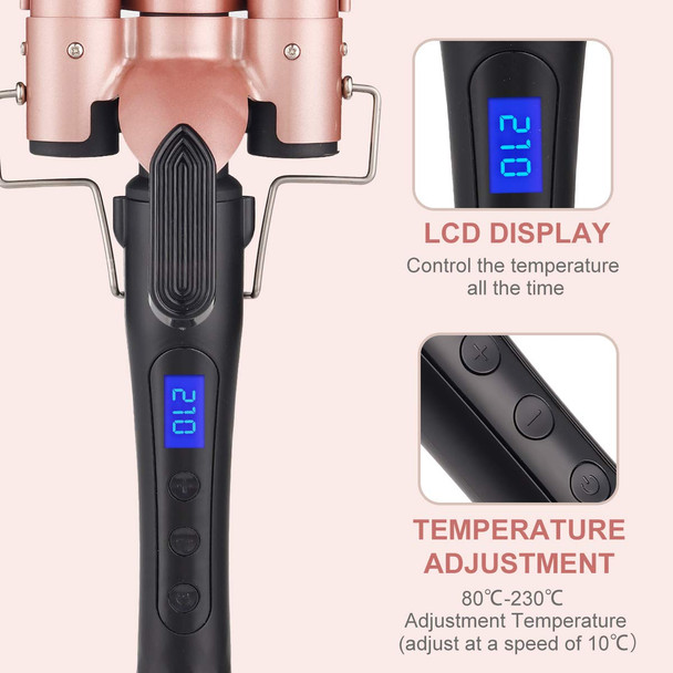 3 Barrel Curling Iron,1 inch Triple Three Barrel Hair Waver Mermaid Beach Waves Curling Wand Ceramic Tourmaline Temperature Adjustable Curler Irons with LCD Display for Hair Styling Set(Rose,Black)