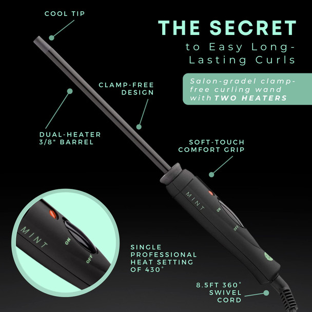 Professional Series Ultra-Thin Curling Wand 3/8 Inch Clamp-Free Iron | Extra-Long 2-Heater Ceramic Barrel That Stays Hot. Hair Curler / Wave Maker by MINT. Travel-Ready Dual Voltage.