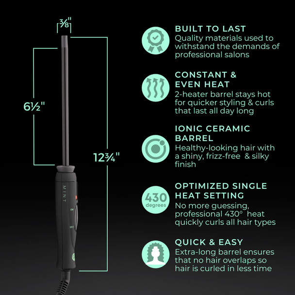 Professional Series Ultra-Thin Curling Wand 3/8 Inch Clamp-Free Iron | Extra-Long 2-Heater Ceramic Barrel That Stays Hot. Hair Curler / Wave Maker by MINT. Travel-Ready Dual Voltage.