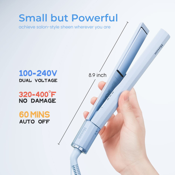 Hoson Ceramic Flat Iron Dual Voltage, Travel Hair Straightener for Thin Hair, Adjustable Temperature for Worldwide Use, Blue