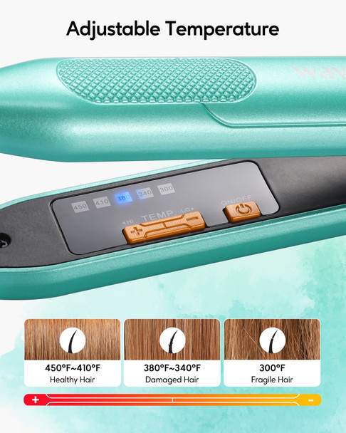 Wavytalk 3/10 Inch Pencil Flat Iron, Mini Hair Straightener for Short Hair, Beard and Pixie Cut, Fast 15-Sec Heating Small Flat Iron with Adjustable Temp Settings & Dual Voltage, Green