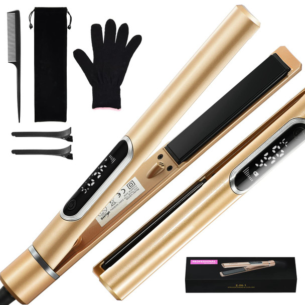 Hair Straightener and Curler 2 in 1,Keasen Professional Flat Iron for Hair Styling,Negative Ion Tourmaline Ceramic Titanium Straightening Curling Iron for All Hair Types,15S Fast Heating,LCD (Gold)