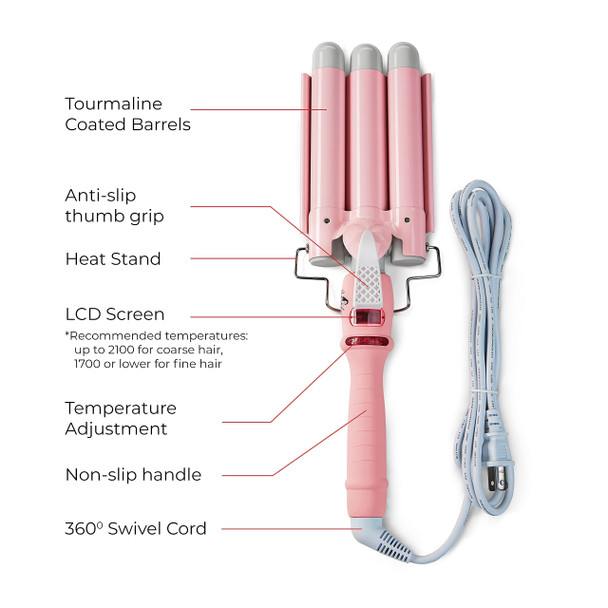 InfaMiss Beauty 3 Barrel Curling Iron Wand - 3 Barrel Hair Waver -LCD Display- 1 Inch Ceramic Tourmaline Barrels - Chic Mermaid Hair Waver Iron - Stunning Beach Waves in Minutes - Crimper Hair Iron