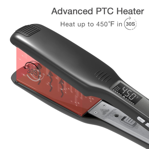 Hair Straightener Titanium Flat Iron 1.75 Inch Wide Plate with Digital LCD Display, Adjustable Temperature and Dual Voltage, Black.