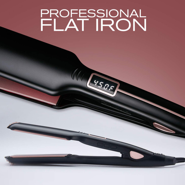 Magnifeko Professional Flat Iron - Hair Straightener Wide Plate & Digital Display - Infrared Hair Straightening Tool for All Hair Types - Dual Voltage Titanium Hair Straightners (Black Rosegold)