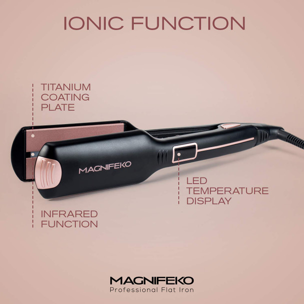 Magnifeko Professional Flat Iron - Hair Straightener Wide Plate & Digital Display - Infrared Hair Straightening Tool for All Hair Types - Dual Voltage Titanium Hair Straightners (Black Rosegold)