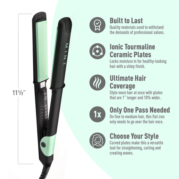 Professional Safe-Heat Flat Iron Designed for Fine to Medium Hair by MINT | Salon-Grade Size: 1 inch Longer and 10% Wider Ceramic Tourmaline Ionic Hair Straightener. Travel-Ready Dual Voltage.