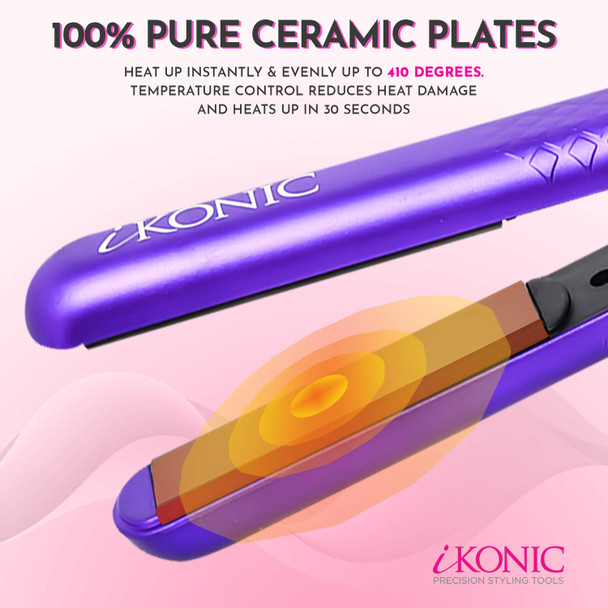 iKonic Hair Straightener Ceramic Flat Iron Professional No Damage Hair Straightener Infrared Hair Flat Iron, Temperature Control, Hair Straightener & Curler 2 in 1, Swivel Cord, Dual-Voltage (Purple)