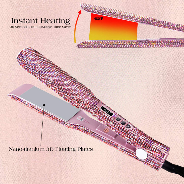 Crystal Diamond Professional Hair Straightener, DORISILK 2 Inch Titanium Flat Iron Rhinestone Straightening Iron, Salon High Heat 480 °F, Instant Heat Up, Dual Voltage, Rose Pink