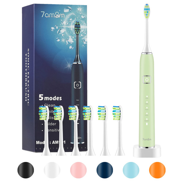 7am2m Sonic Electric Toothbrush with 6 Brush Heads for Kids and Children, One Charge for 90 Days, Wireless Fast Charge, 5 Modes with 2 Minutes Build in Smart Timer, Electric Toothbrushes(Green)